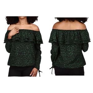 Michael Kors Green Cheetah Animal Print Off the Shoulder Ruffle Top 1X 2X READ